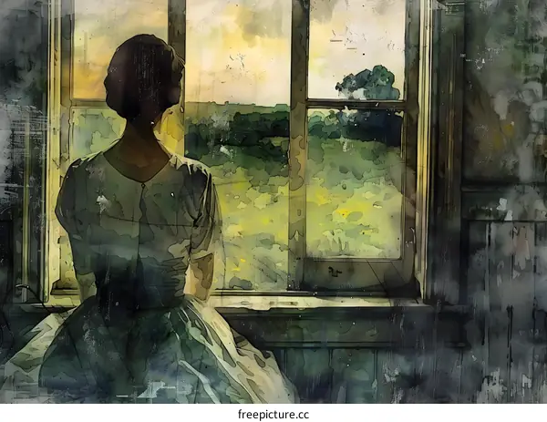 Woman in White Dress Looking Out Window