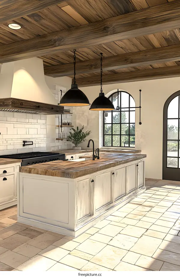 Rustic Kitchen Interior Design with Wooden Beams and White Cabinets