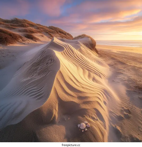 Stunning sunset over rolling sand dunes along the beach