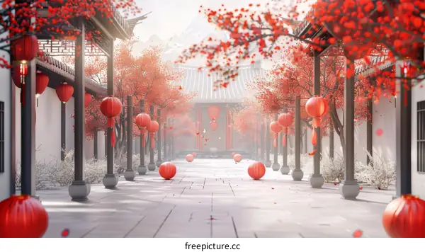 Chinese courtyard with red lanterns and pink plum blossoms