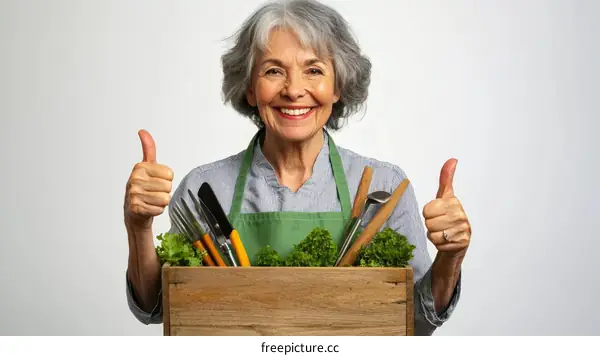 Senior Woman Holding Wooden Crate with Garden Tools and Produce