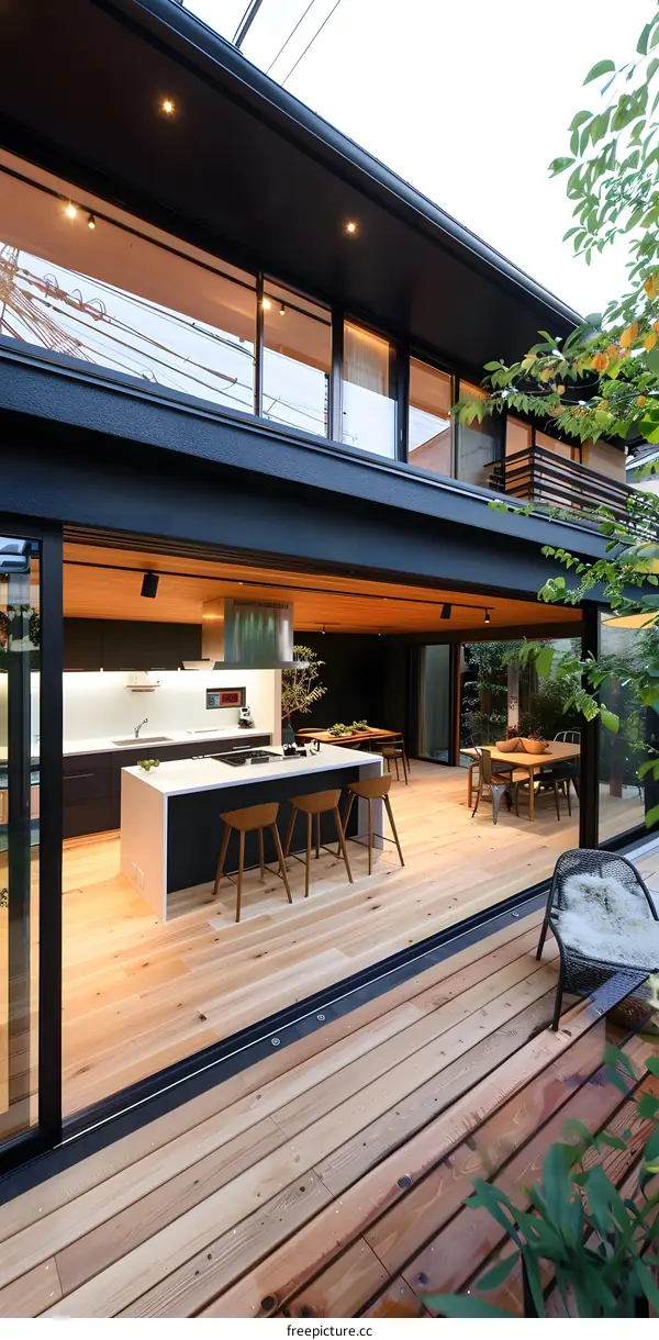 Modern Kitchen Interior With Wooden Floor And Sliding Glass Doors