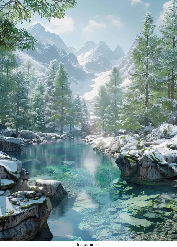 Mountain stream trickling through snow-covered forest