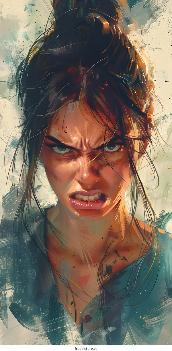 portrait of a woman with brown hair and green eyes looking angry