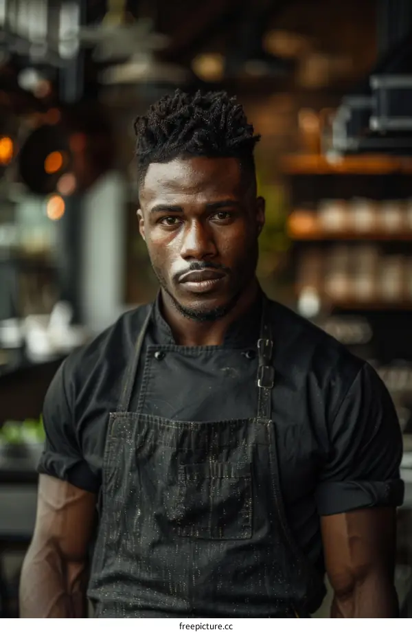 Portrait of a black male chef in a black apron looking at the camera