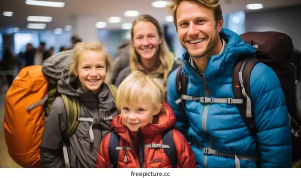 Family of four with backpacks smiling in an airport