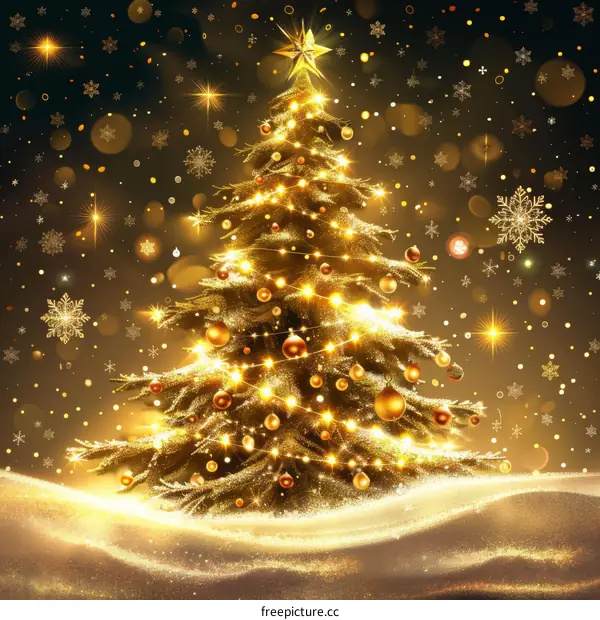 Golden Christmas tree shining in the snow