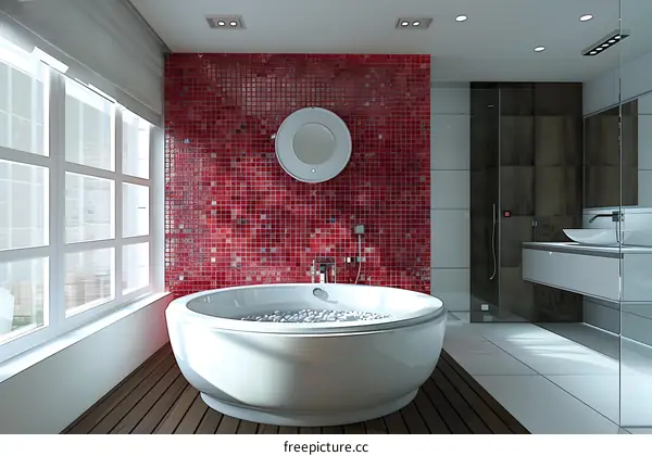Pebble-filled bathtub in the corner of a modern bathroom with red mosaic tiles
