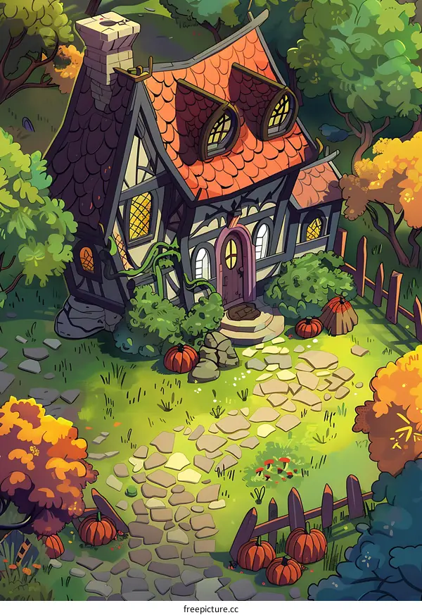 Autumn Cottage Illustration with Cobblestone Path and Pumpkins