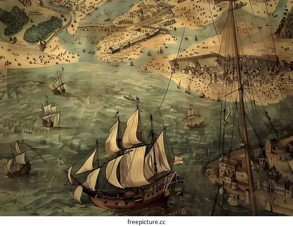 Vintage Map Illustration of Sailing Ships