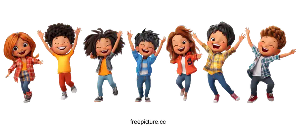 [Transparent Background PNG]Happy Cartoon Kids Jumping with Joyful Expressions