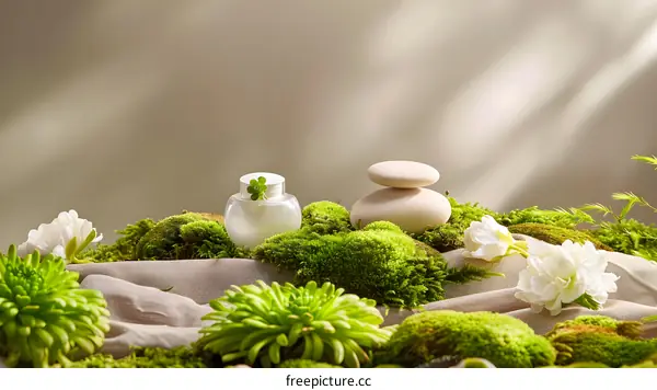 Natural Skincare Cream With Green Leaves and Stones