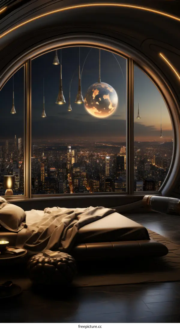 The moon rises over a futuristic city