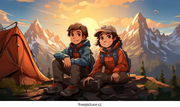 Two friends sitting on a rock in front of a tent in the mountains