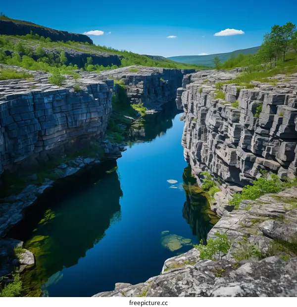 Deep chasm with sheer rock walls and a river running through it