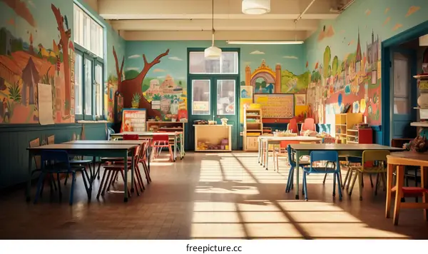An Empty Classroom With Colorful Murals On The Walls