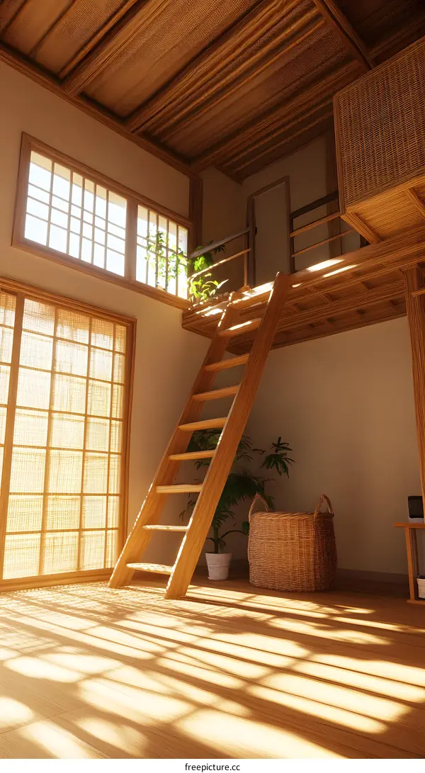 Minimalist Japanese Style Interior Design with Wooden Ladder and Sunlight