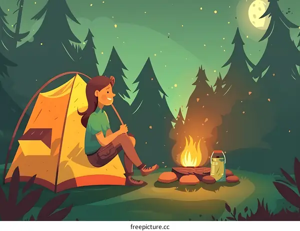 Woman Sitting By Campfire Under Night Sky