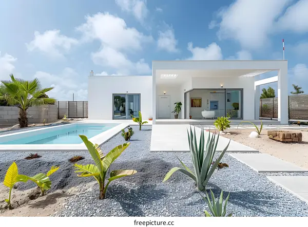 Modern White Villa with Swimming Pool and Lush Landscaping