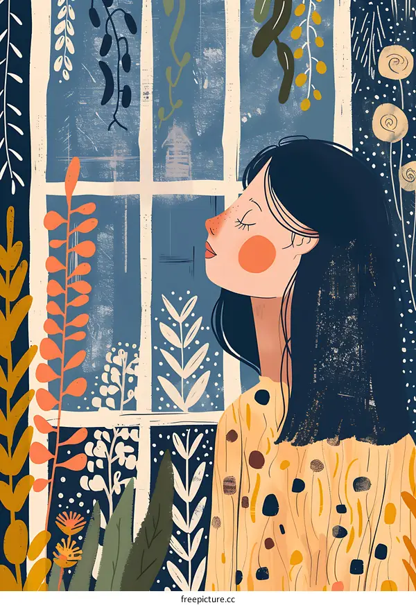 Woman Looking Out Window With Flowers