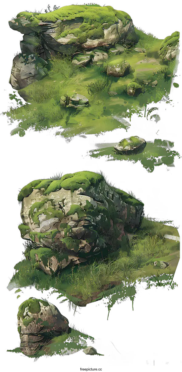 [Transparent Background PNG]Green Moss Covered Rocks Illustration