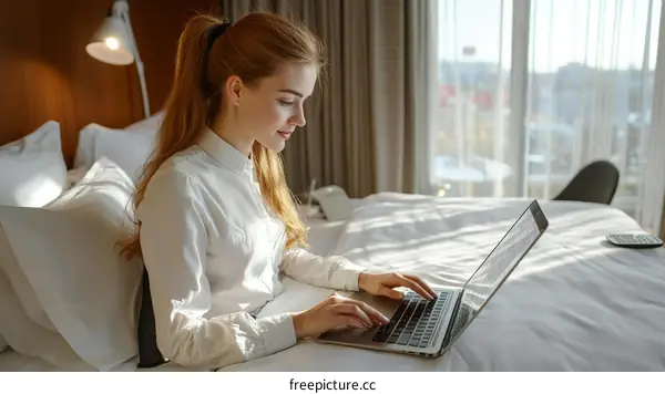Woman Working on Laptop in Hotel Room