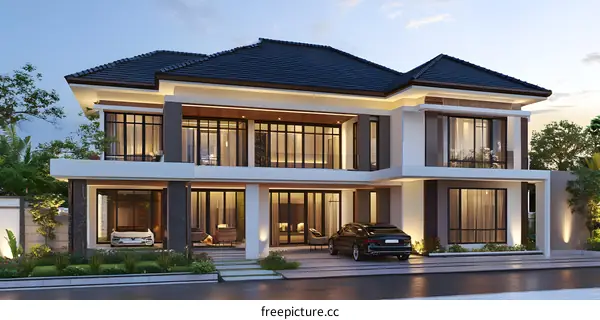 Modern Two Storey House with Black Roof Design