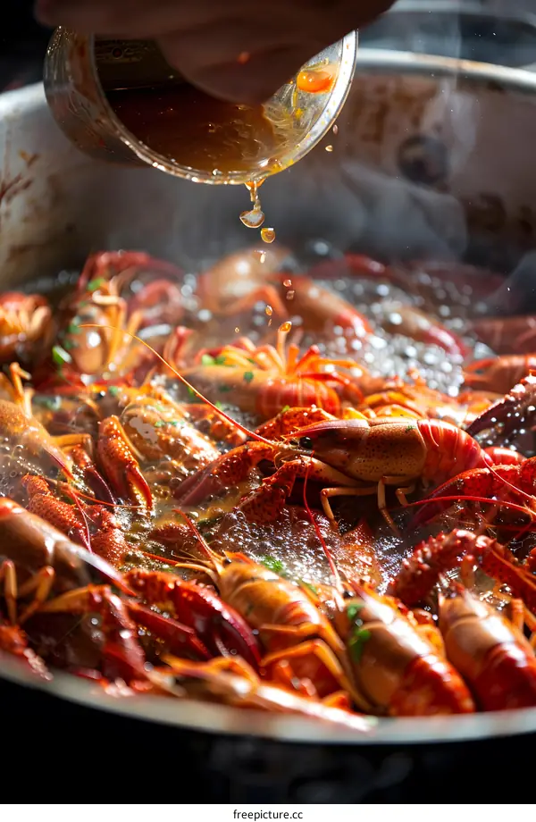 Pouring Sauce Over Boiling Crayfish