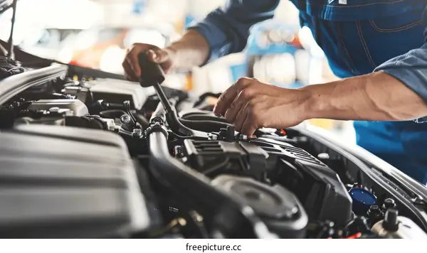 Auto mechanic working on car engine