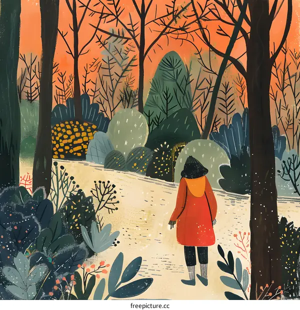 Woman Walking Alone in a Winter Forest