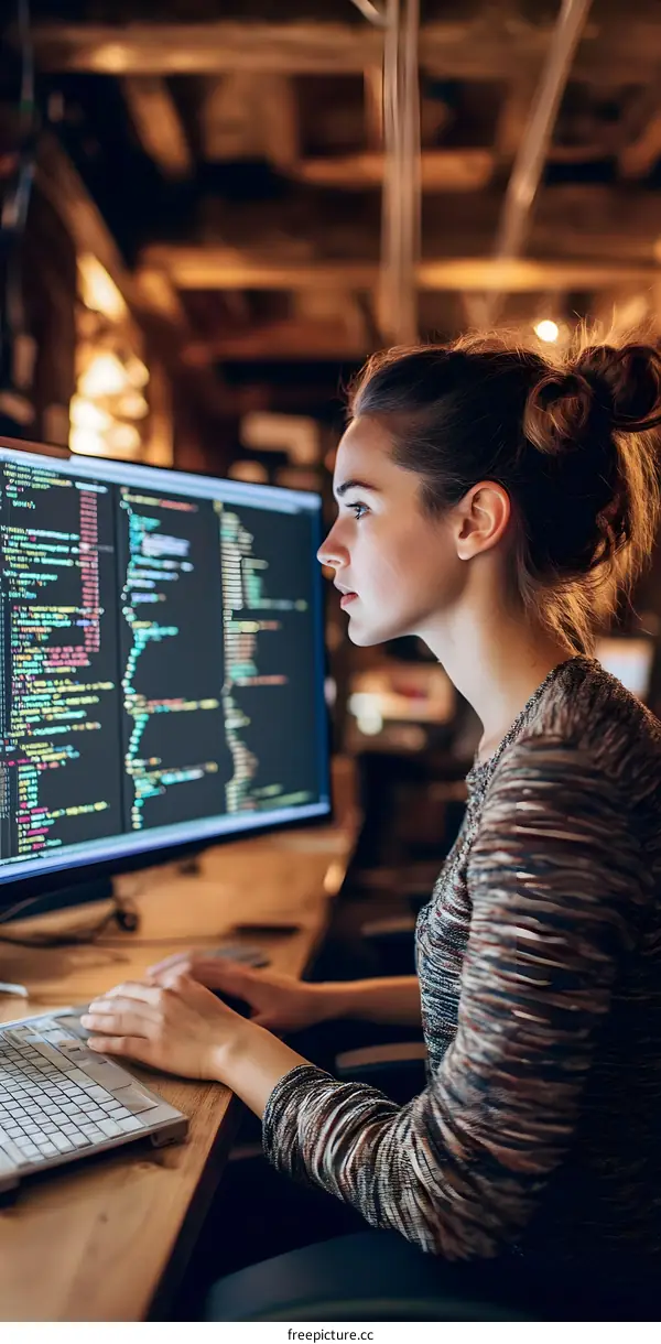 Caucasian Woman Working on Computer Code at Home Office