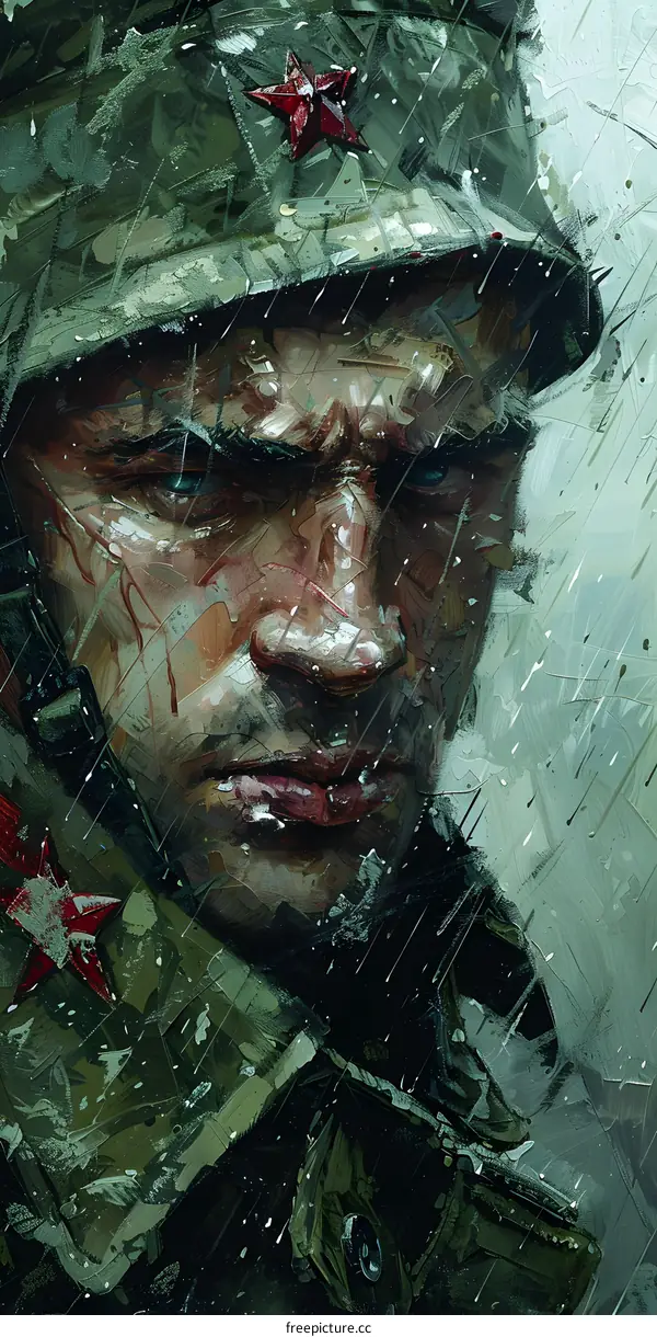 Portrait of a soldier wearing a green military hat with a red star