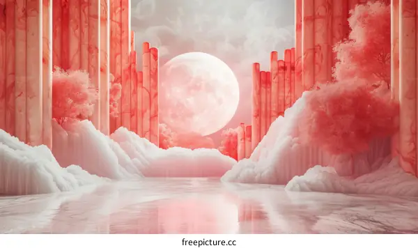 Abstract Red and White Lunar Landscape Illustration