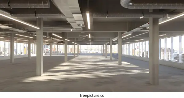 Empty Concrete Office Space With Large Windows