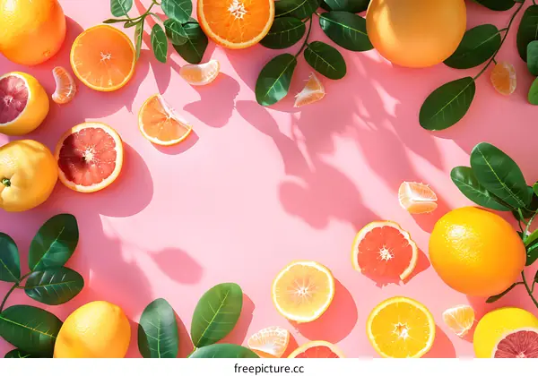 Fresh Citrus Fruits with Leaves on Pink Background