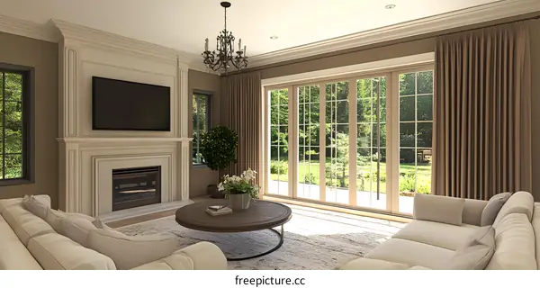Modern Living Room Interior Design With Fireplace And Large Windows