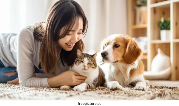 A young woman is lying on the floor with a cat and a dog.