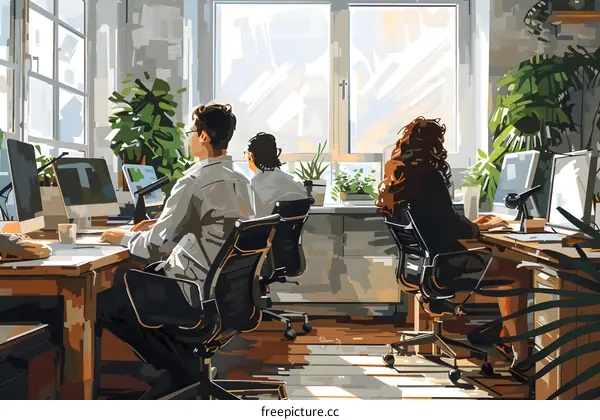 Three people working in an office