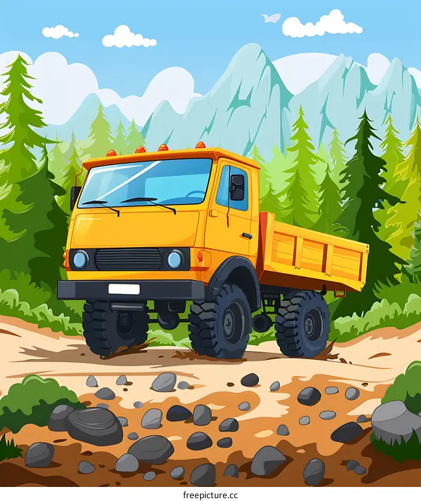 Yellow Truck in Forest Mountain Landscape