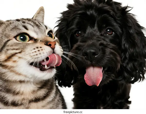 A cat and a dog sticking out their tongues showing friendly companionship