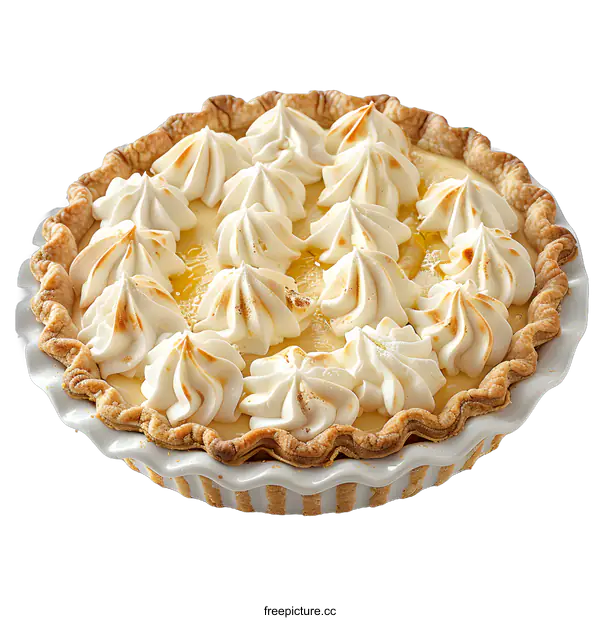 [Transparent Background PNG]A delicious-looking lemon meringue pie sits on a white table against a white background.