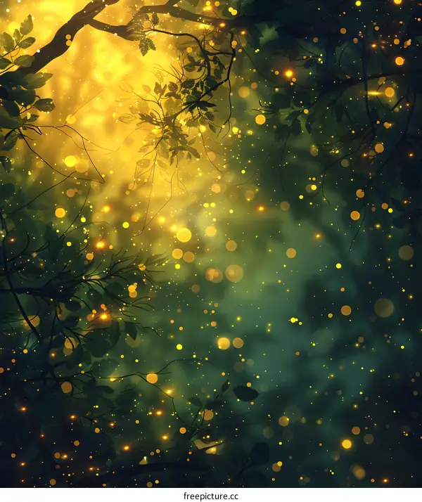 Fireflies dancing in the summer forest
