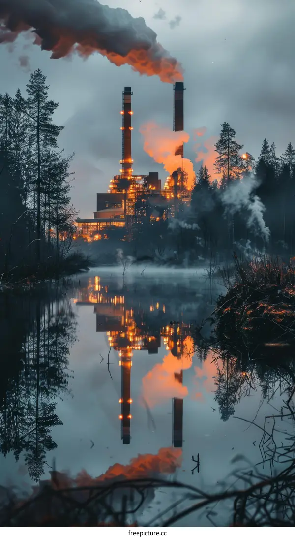 Industrial Plant at Night Reflecting on Water