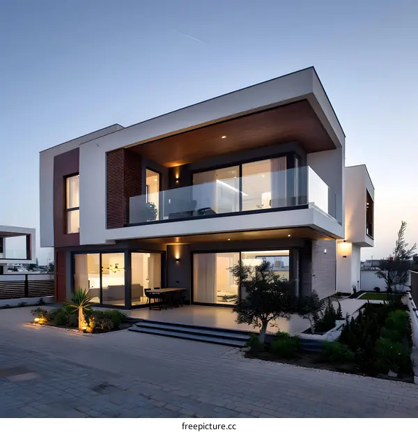 Modern White House with Wooden Accents and Glass Balcony