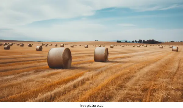 Field of hay rolls under blue sky