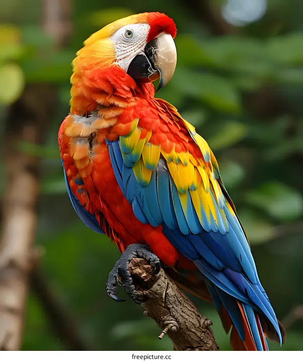 A brightly colored parrot sits on a branch