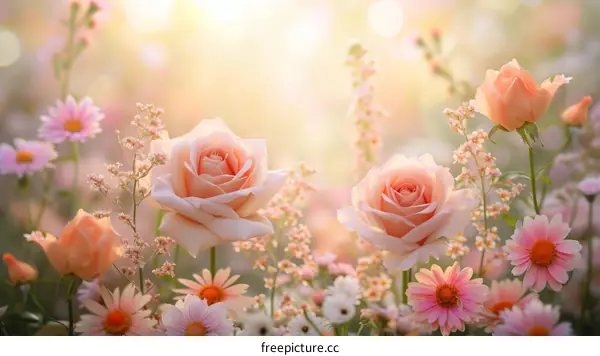 Close-up of pink roses and other flowers in a field with a blurry background