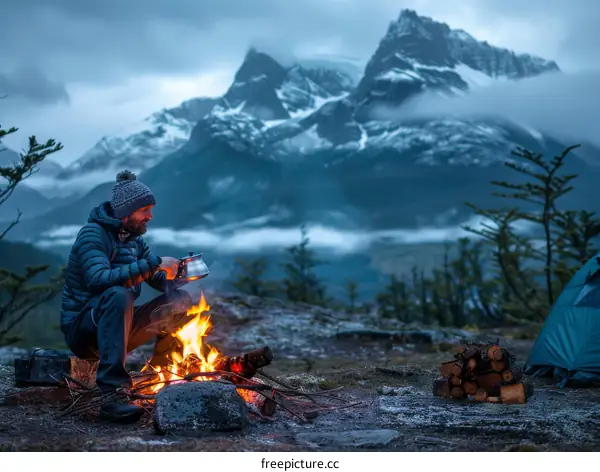 Man camping alone in the mountains