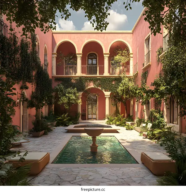Spanish Colonial Style Courtyard With Pool