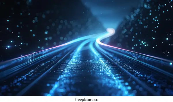 Blue and pink glowing railroad tracks through a dark landscape